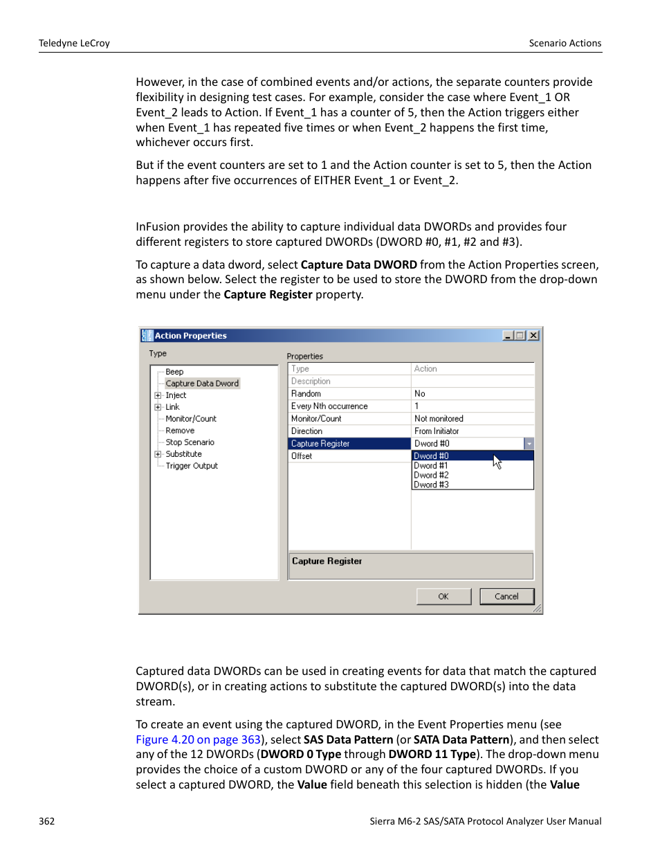 Capturing a data dword, Using captured data dwords | Teledyne LeCroy Sierra M6-2 SAS_SATA Protocol Analyzer User Manual User Manual | Page 364 / 496