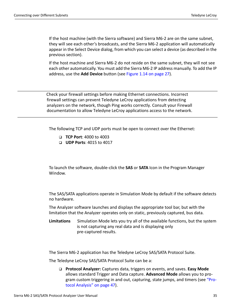 12 connecting over different subnets, 14 launching your analyzer, 15 operating in simulation mode | 16 using the software | Teledyne LeCroy Sierra M6-2 SAS_SATA Protocol Analyzer User Manual User Manual | Page 37 / 496