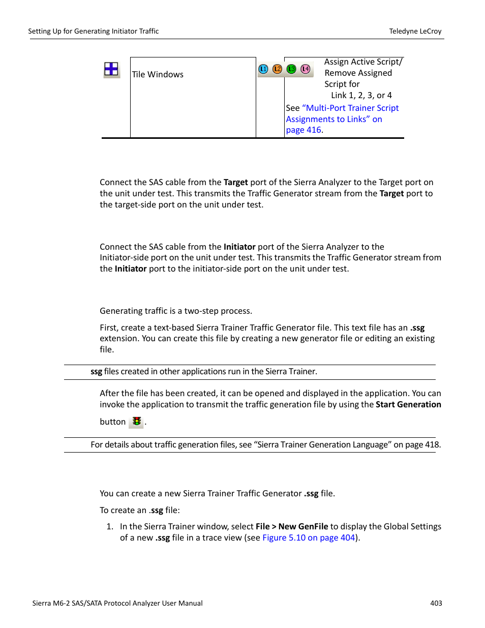 3 setting up for generating initiator traffic, 4 setting up for generating target traffic, 5 creating a traffic generation file | 1 creating a new generator file | Teledyne LeCroy Sierra M6-2 SAS_SATA Protocol Analyzer User Manual User Manual | Page 405 / 496