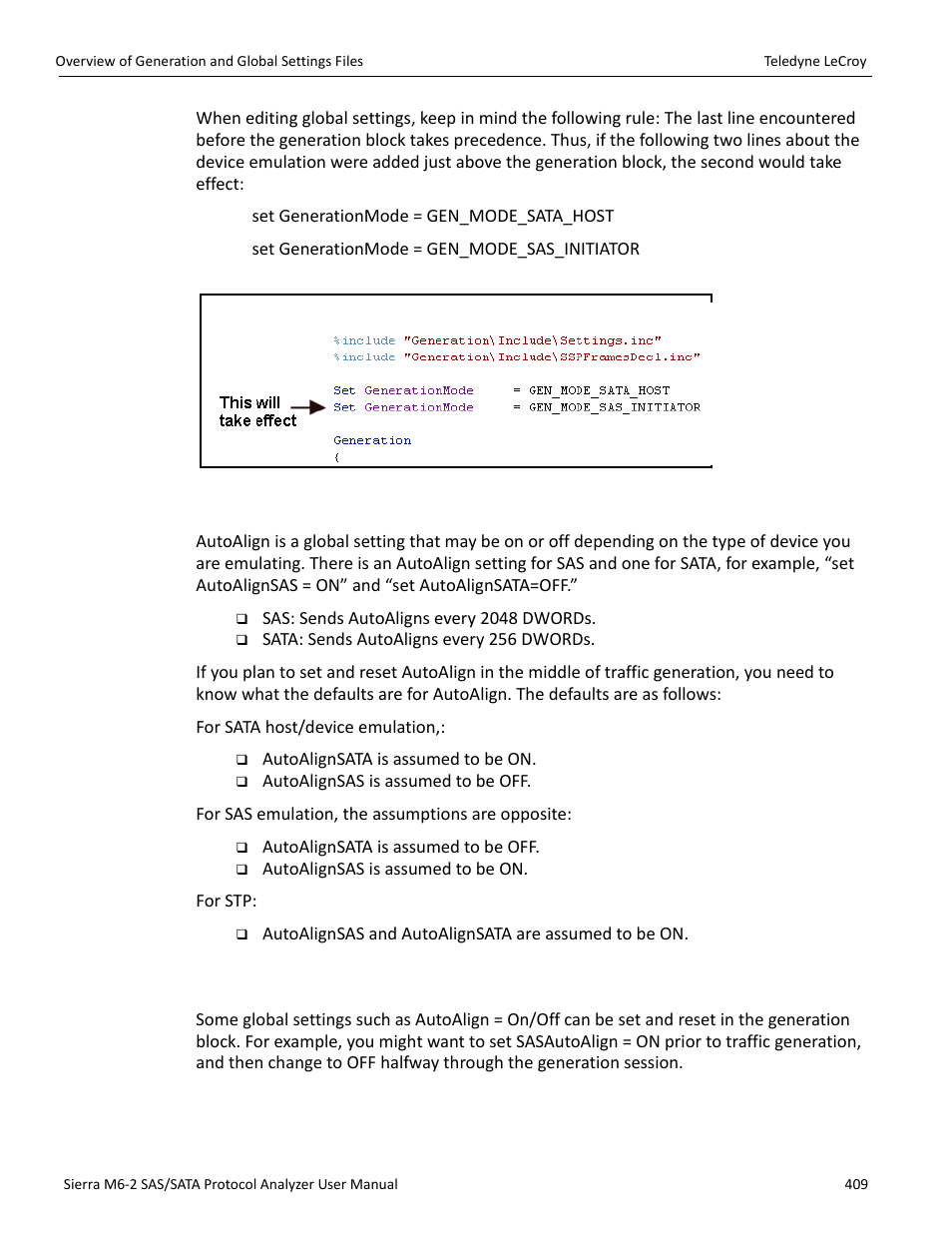 3 the global setting “autoalign, 4 placing global settings in the generation block | Teledyne LeCroy Sierra M6-2 SAS_SATA Protocol Analyzer User Manual User Manual | Page 411 / 496