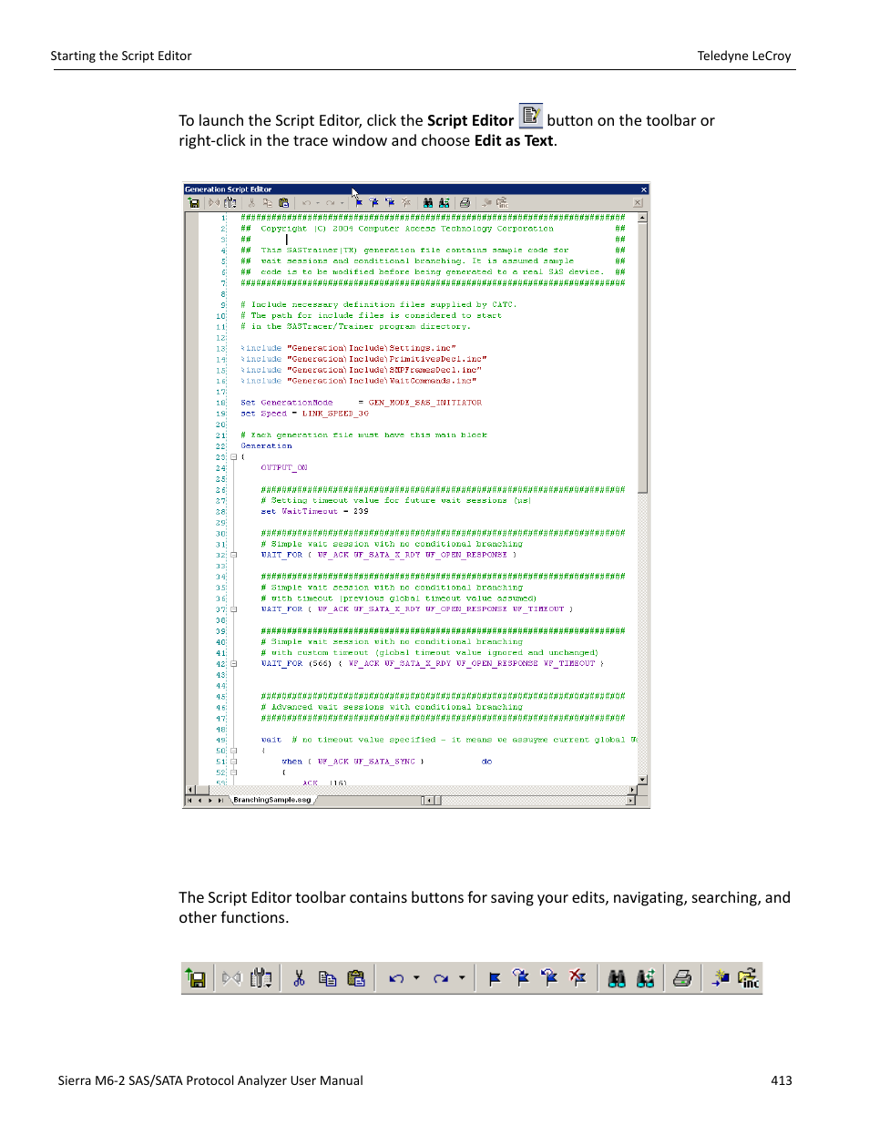 1 script editor toolbar | Teledyne LeCroy Sierra M6-2 SAS_SATA Protocol Analyzer User Manual User Manual | Page 415 / 496