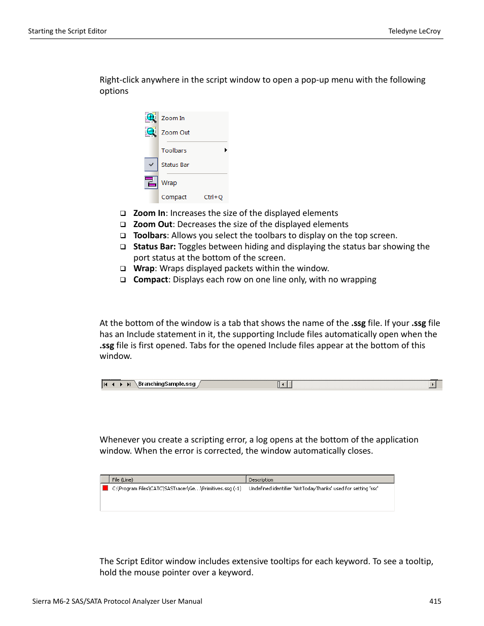 3 pop-up menu, 4 file tabs, 5 error log | 6 tooltips | Teledyne LeCroy Sierra M6-2 SAS_SATA Protocol Analyzer User Manual User Manual | Page 417 / 496