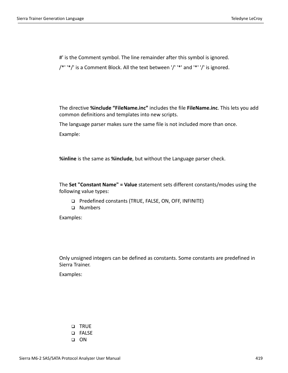 2 language, Comments, Includes | 3 settings, 4 constants, 5 predefined constants | Teledyne LeCroy Sierra M6-2 SAS_SATA Protocol Analyzer User Manual User Manual | Page 421 / 496