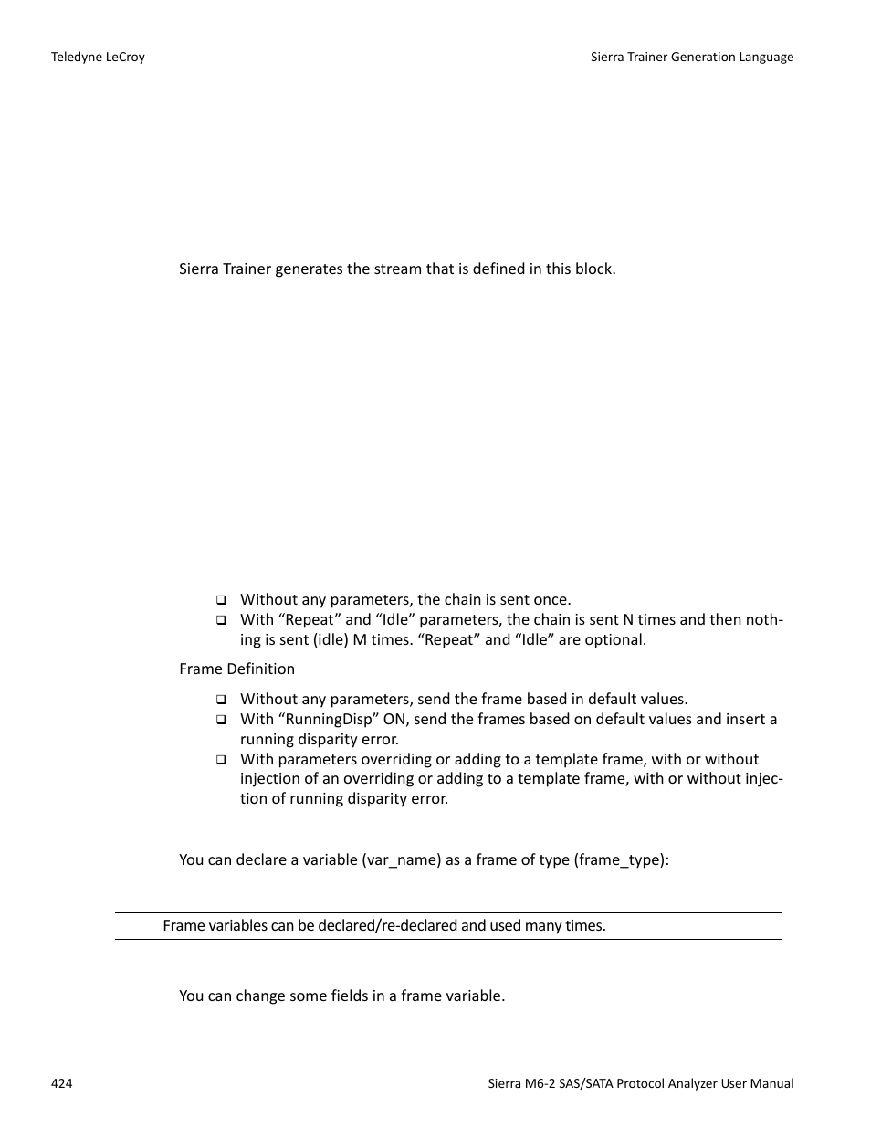 9 generation block, 10 definitions, Field variable declarations | Changing frame fields | Teledyne LeCroy Sierra M6-2 SAS_SATA Protocol Analyzer User Manual User Manual | Page 426 / 496