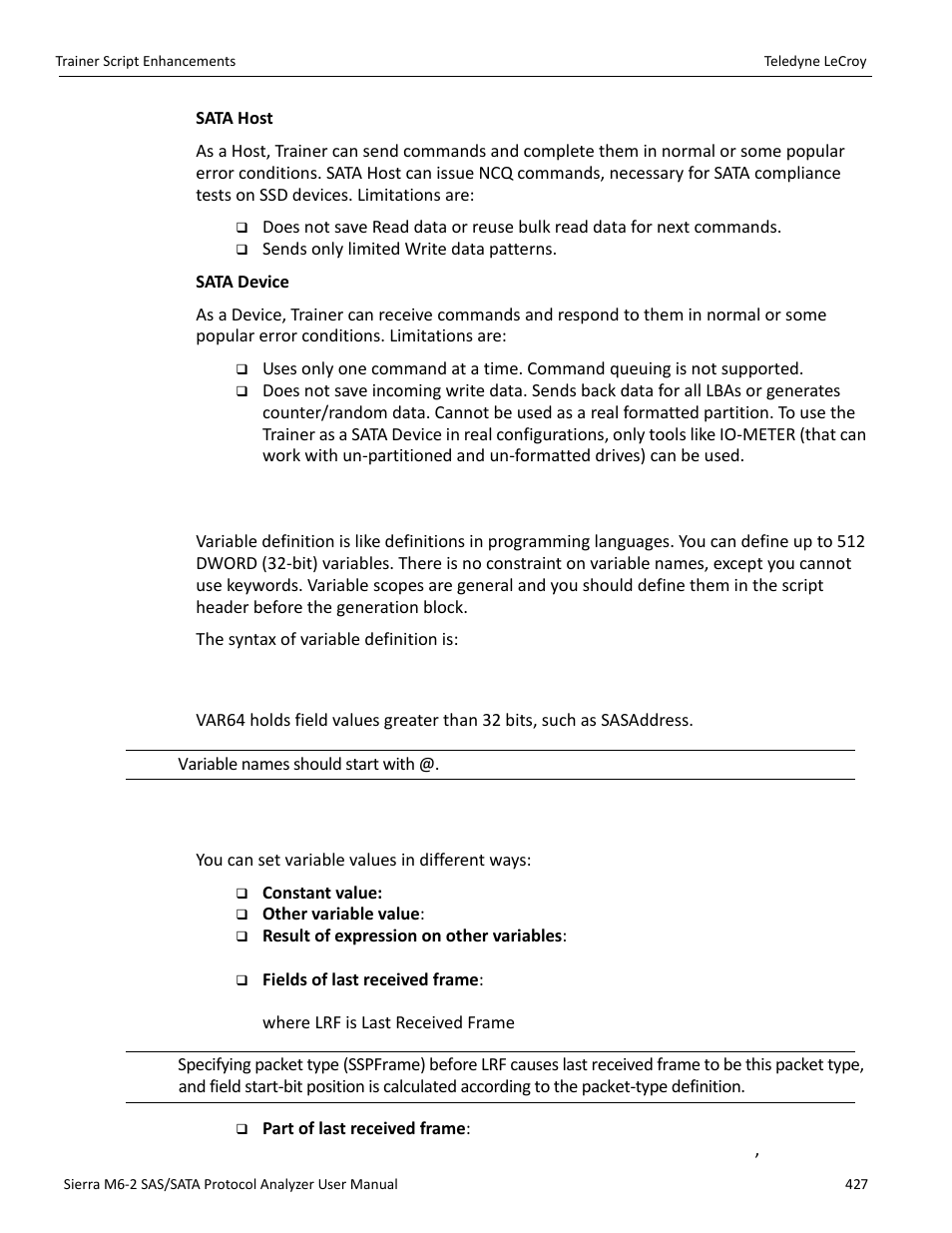 1 variable definition, 2 assigning variable values | Teledyne LeCroy Sierra M6-2 SAS_SATA Protocol Analyzer User Manual User Manual | Page 429 / 496