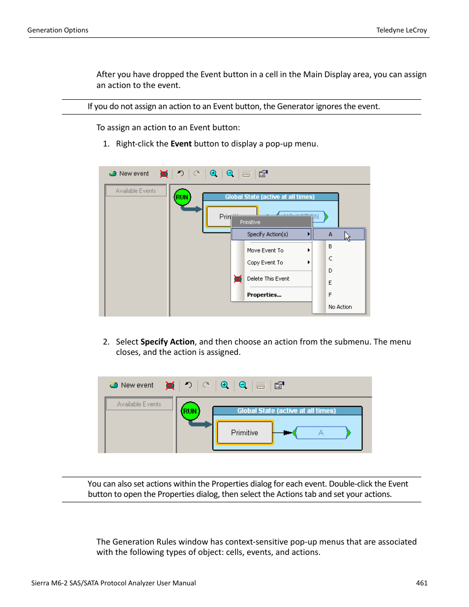 Assigning an action, 1 generation rules pop-up menus | Teledyne LeCroy Sierra M6-2 SAS_SATA Protocol Analyzer User Manual User Manual | Page 463 / 496