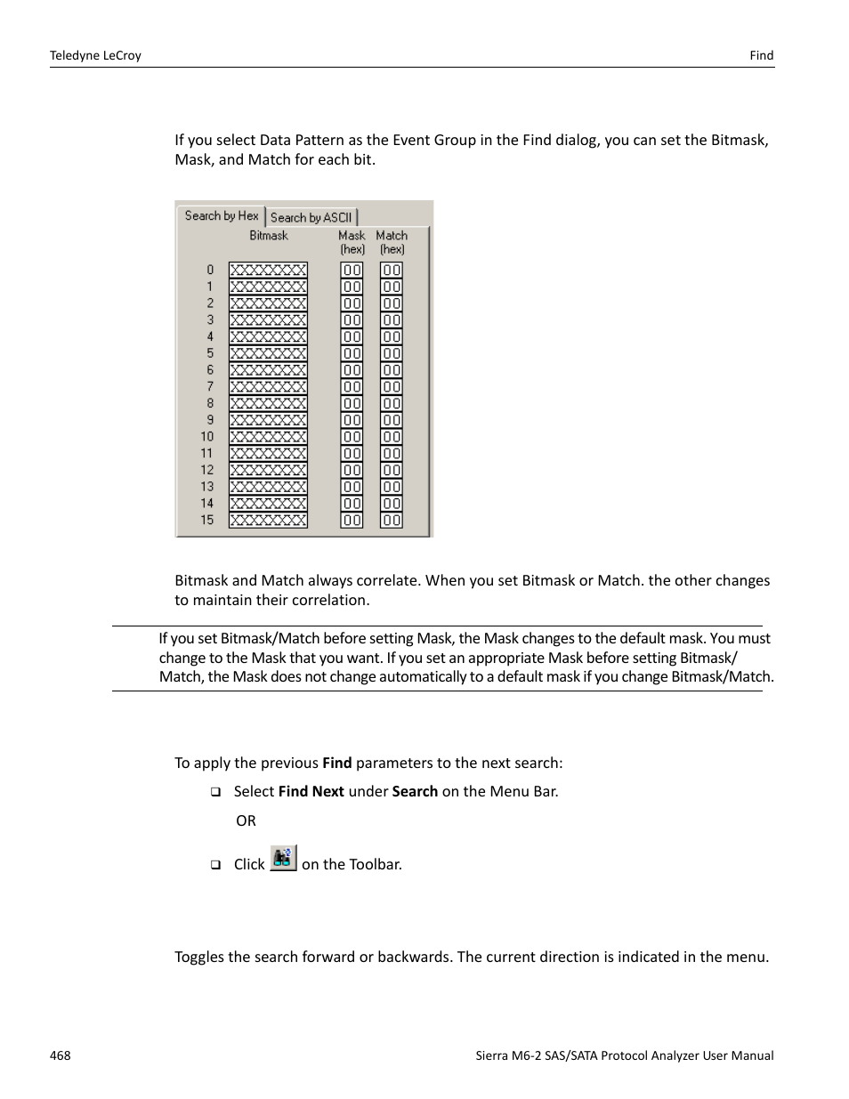 1 data pattern mask and match, 2 find next, 3 search direction | Teledyne LeCroy Sierra M6-2 SAS_SATA Protocol Analyzer User Manual User Manual | Page 470 / 496