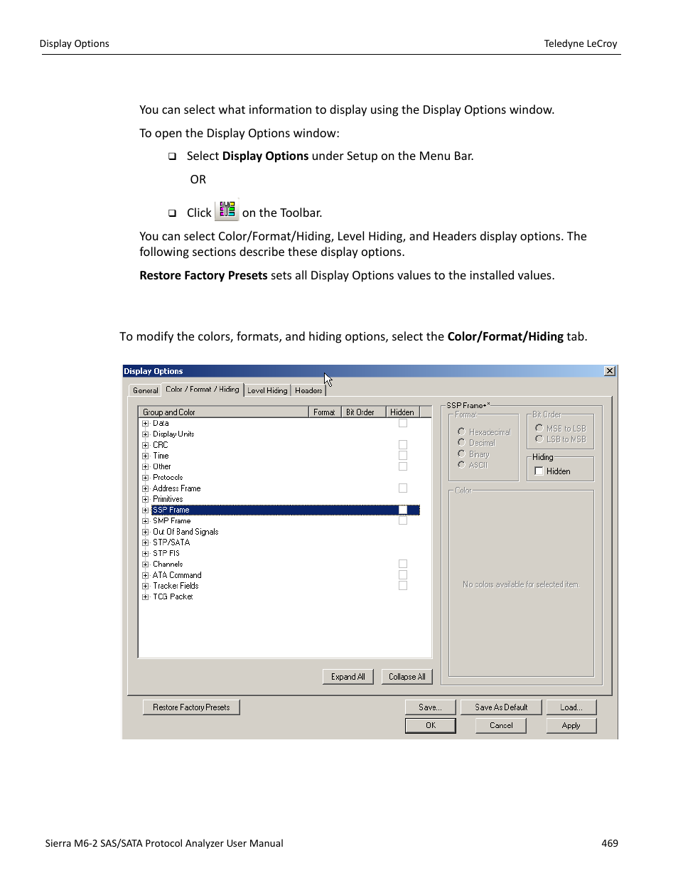 18 display options, 1 color/format/hiding display options | Teledyne LeCroy Sierra M6-2 SAS_SATA Protocol Analyzer User Manual User Manual | Page 471 / 496