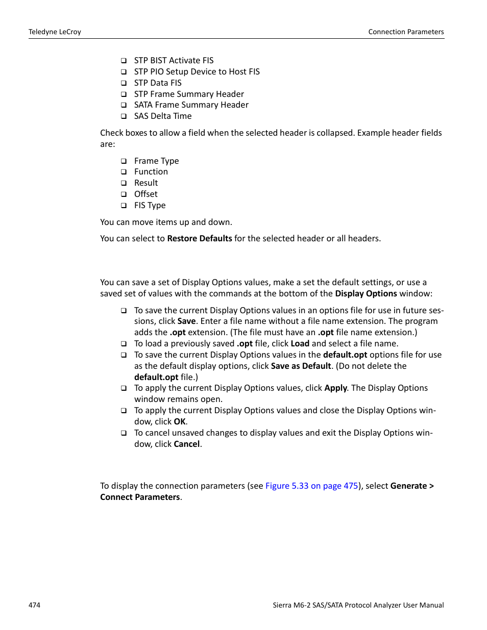 7 saving display options, 19 connection parameters | Teledyne LeCroy Sierra M6-2 SAS_SATA Protocol Analyzer User Manual User Manual | Page 476 / 496