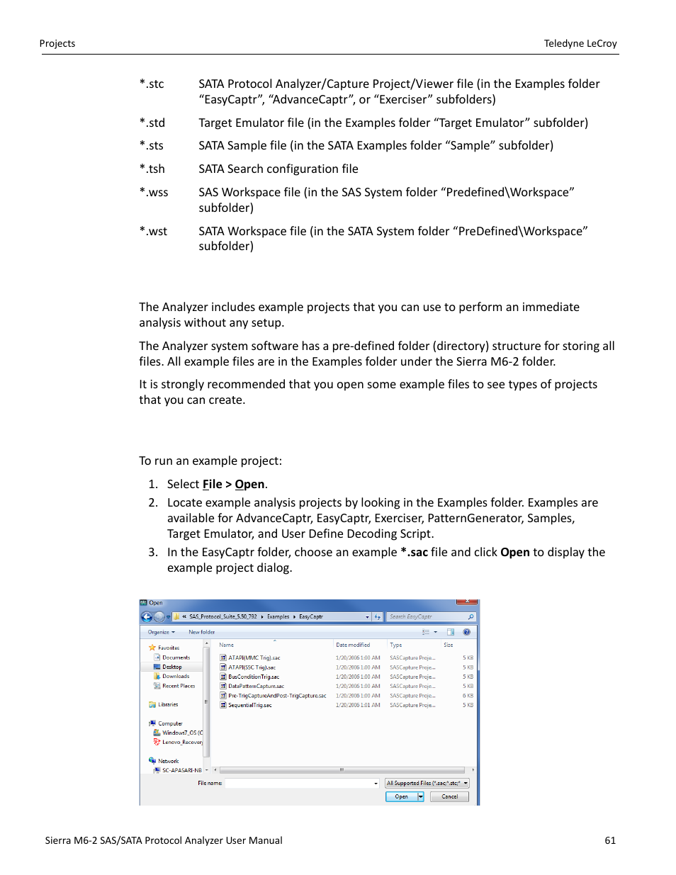 2 example projects, 3 run an example analysis project | Teledyne LeCroy Sierra M6-2 SAS_SATA Protocol Analyzer User Manual User Manual | Page 63 / 496