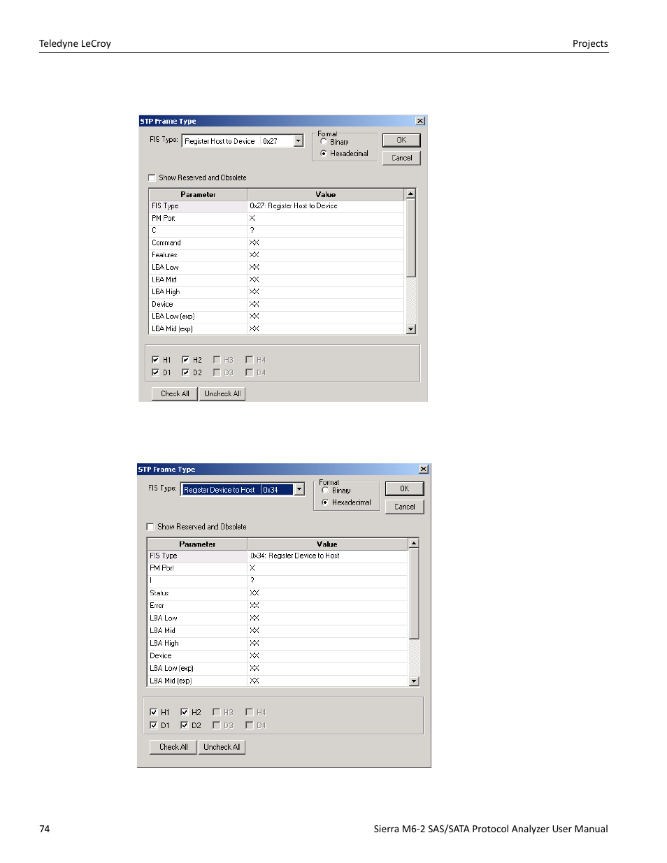 Register host to device, Register device to host | Teledyne LeCroy Sierra M6-2 SAS_SATA Protocol Analyzer User Manual User Manual | Page 76 / 496