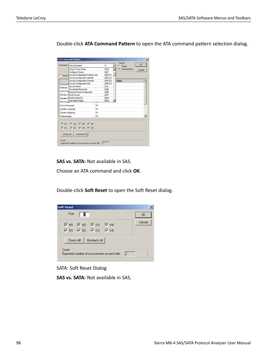 Ata command pattern (sata only), Soft reset (sata only) | Teledyne LeCroy Sierra M6-4 SAS_SATA Protocol Analyzer User Manual User Manual | Page 100 / 498