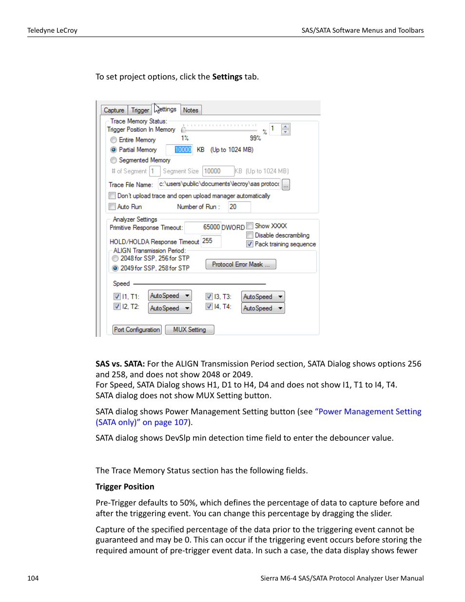 31 project settings, Memory settings | Teledyne LeCroy Sierra M6-4 SAS_SATA Protocol Analyzer User Manual User Manual | Page 106 / 498