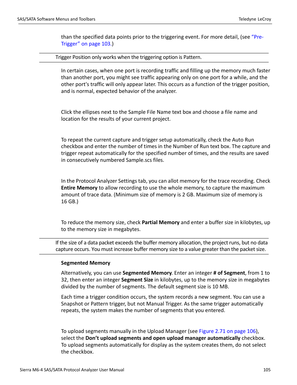 Trace file name, Auto run, Memory size | Partial memory, Upload manager | Teledyne LeCroy Sierra M6-4 SAS_SATA Protocol Analyzer User Manual User Manual | Page 107 / 498