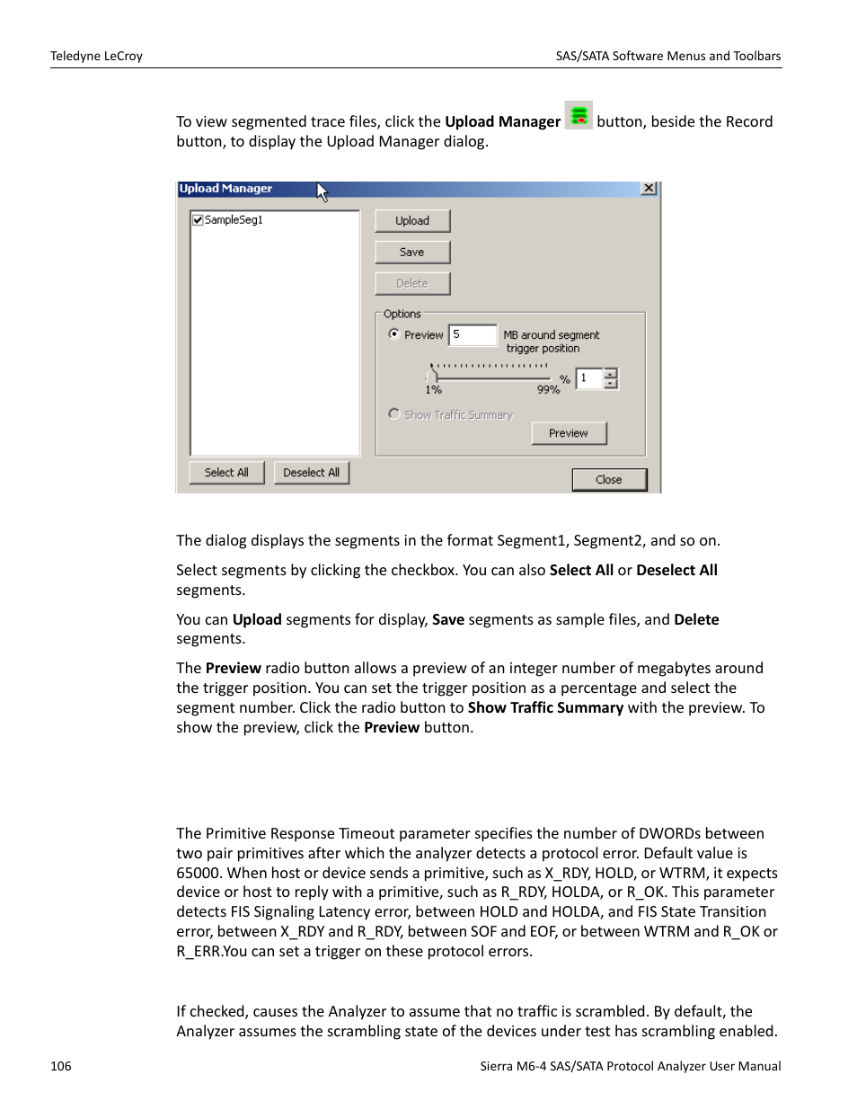 32 analyzer settings, Primitive response timeout, Disable descrambling | R (see | Teledyne LeCroy Sierra M6-4 SAS_SATA Protocol Analyzer User Manual User Manual | Page 108 / 498