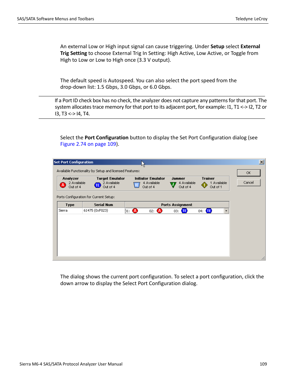 External trig in setting, Choose port speed, Ports configuration | Teledyne LeCroy Sierra M6-4 SAS_SATA Protocol Analyzer User Manual User Manual | Page 111 / 498