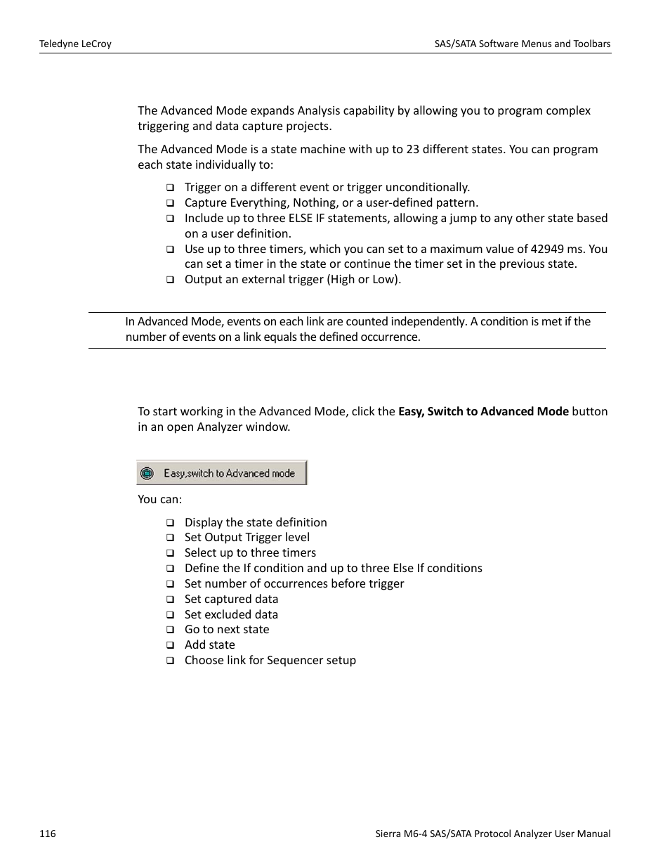 34 advanced mode (user-defined), Working in advanced mode | Teledyne LeCroy Sierra M6-4 SAS_SATA Protocol Analyzer User Manual User Manual | Page 118 / 498