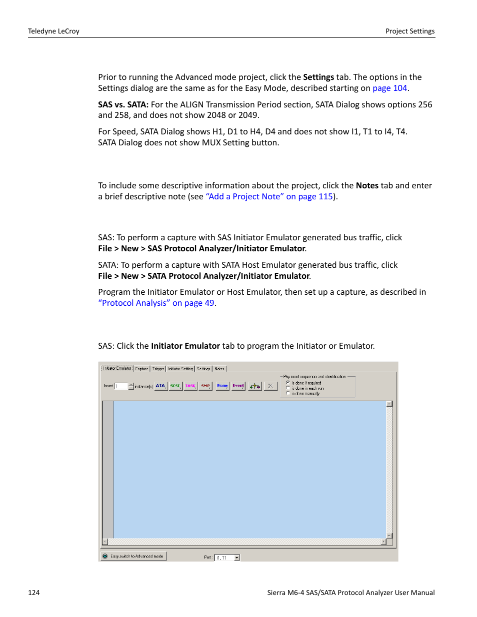 3 project settings, 1 notes, 4 emulation | 1 programming the initiator or host emulator, Nd advanced mode (see | Teledyne LeCroy Sierra M6-4 SAS_SATA Protocol Analyzer User Manual User Manual | Page 126 / 498