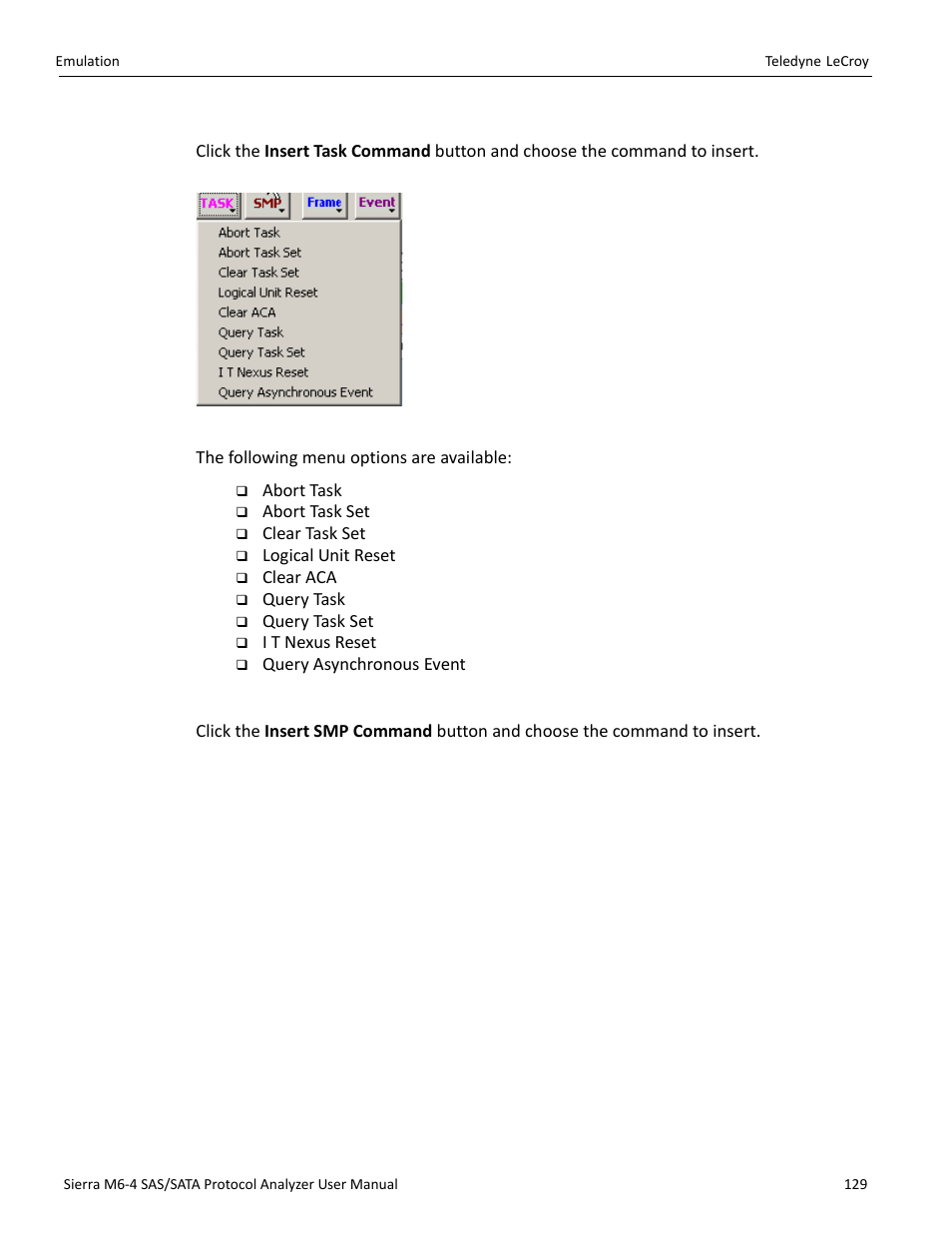 Adding a task command (sas only), Adding an smp command (sas only) | Teledyne LeCroy Sierra M6-4 SAS_SATA Protocol Analyzer User Manual User Manual | Page 131 / 498