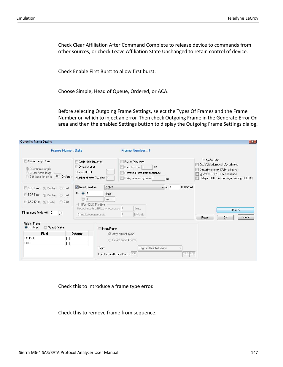 Outgoing ata frame settings | Teledyne LeCroy Sierra M6-4 SAS_SATA Protocol Analyzer User Manual User Manual | Page 149 / 498