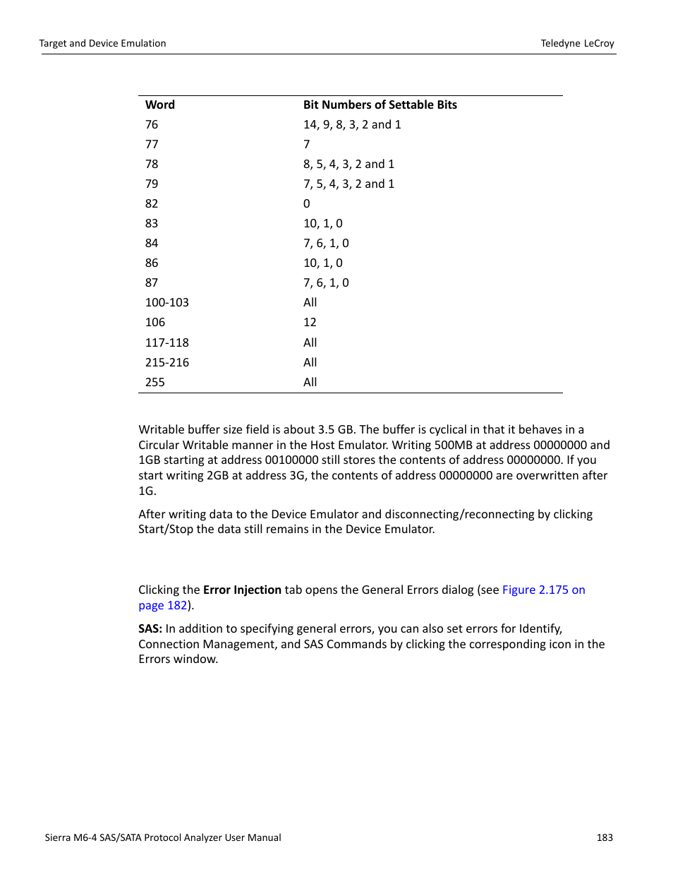 Writable buffer size field, 2 error injection tab | Teledyne LeCroy Sierra M6-4 SAS_SATA Protocol Analyzer User Manual User Manual | Page 185 / 498