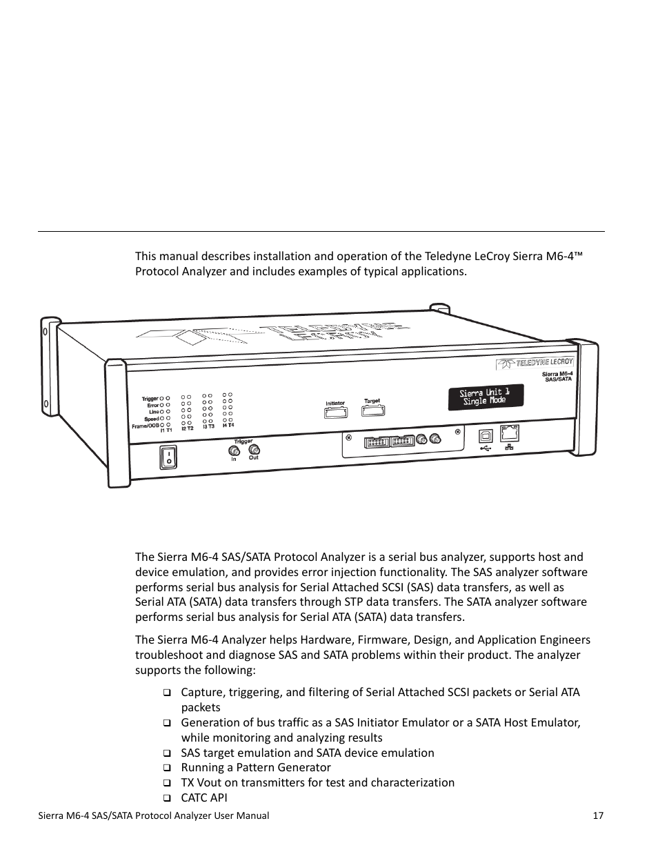 Introduction, 1 analyzer overview, Chapter 1 | Teledyne LeCroy Sierra M6-4 SAS_SATA Protocol Analyzer User Manual User Manual | Page 19 / 498