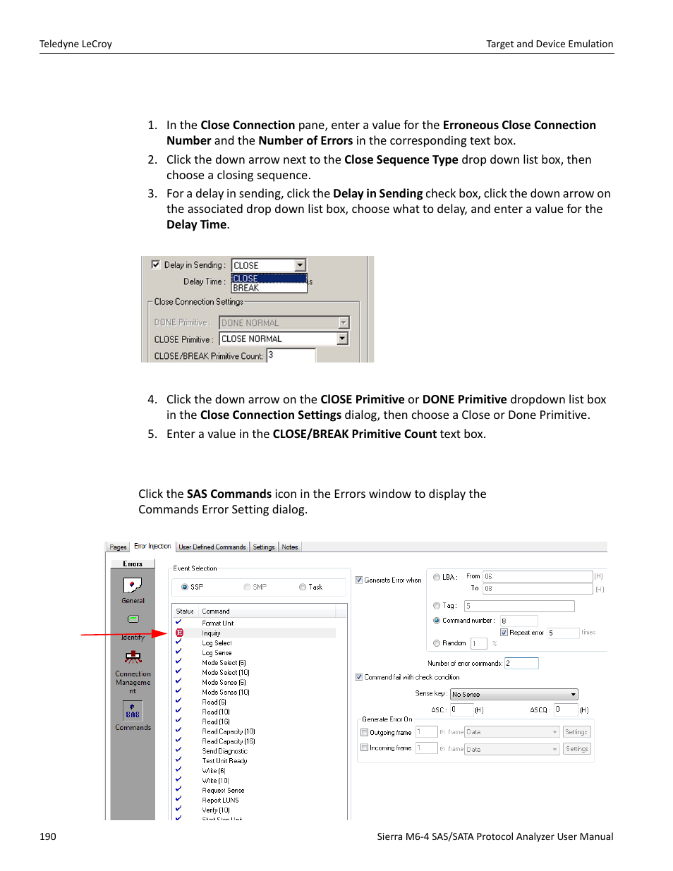 Close connection definition, 4 sas commands errors (sas only) | Teledyne LeCroy Sierra M6-4 SAS_SATA Protocol Analyzer User Manual User Manual | Page 192 / 498