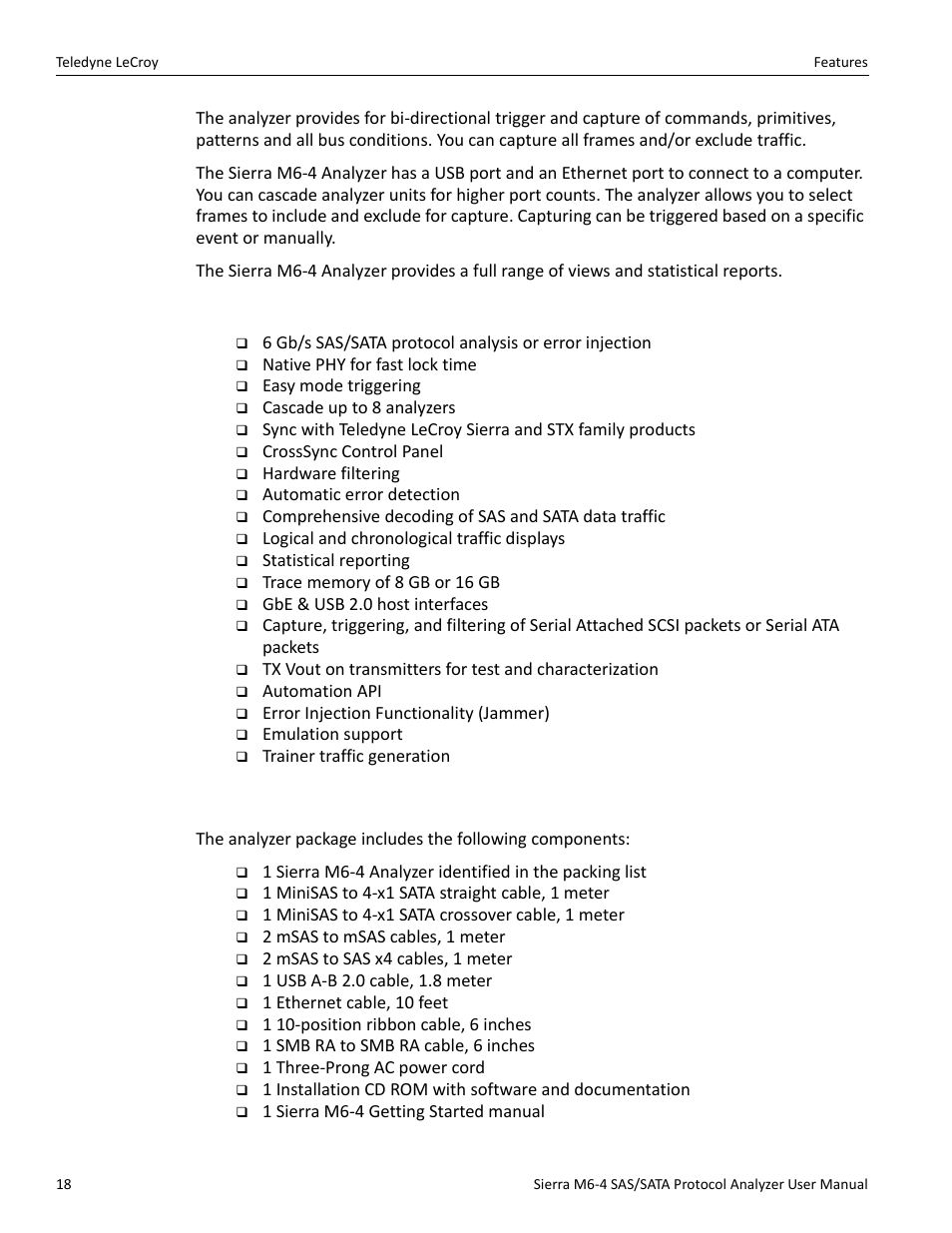 2 features, 3 receiving your analyzer | Teledyne LeCroy Sierra M6-4 SAS_SATA Protocol Analyzer User Manual User Manual | Page 20 / 498