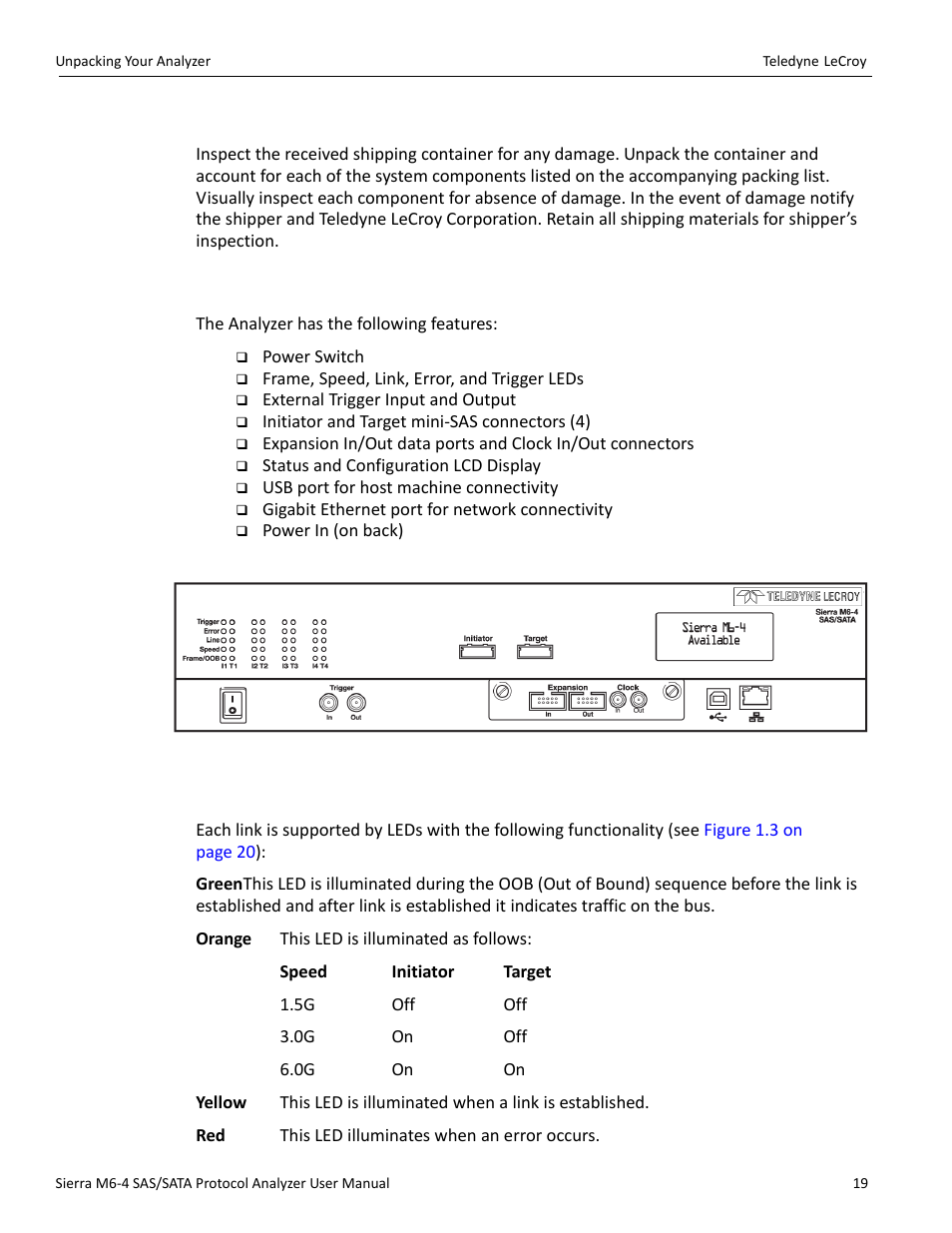 4 unpacking your analyzer, 5 analyzer features, 6 leds | Teledyne LeCroy Sierra M6-4 SAS_SATA Protocol Analyzer User Manual User Manual | Page 21 / 498