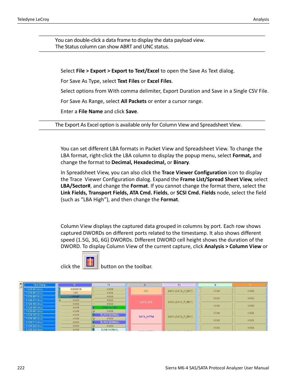 Export as text/excel, Change format of logical block address (lba), 6 column view | Teledyne LeCroy Sierra M6-4 SAS_SATA Protocol Analyzer User Manual User Manual | Page 226 / 498