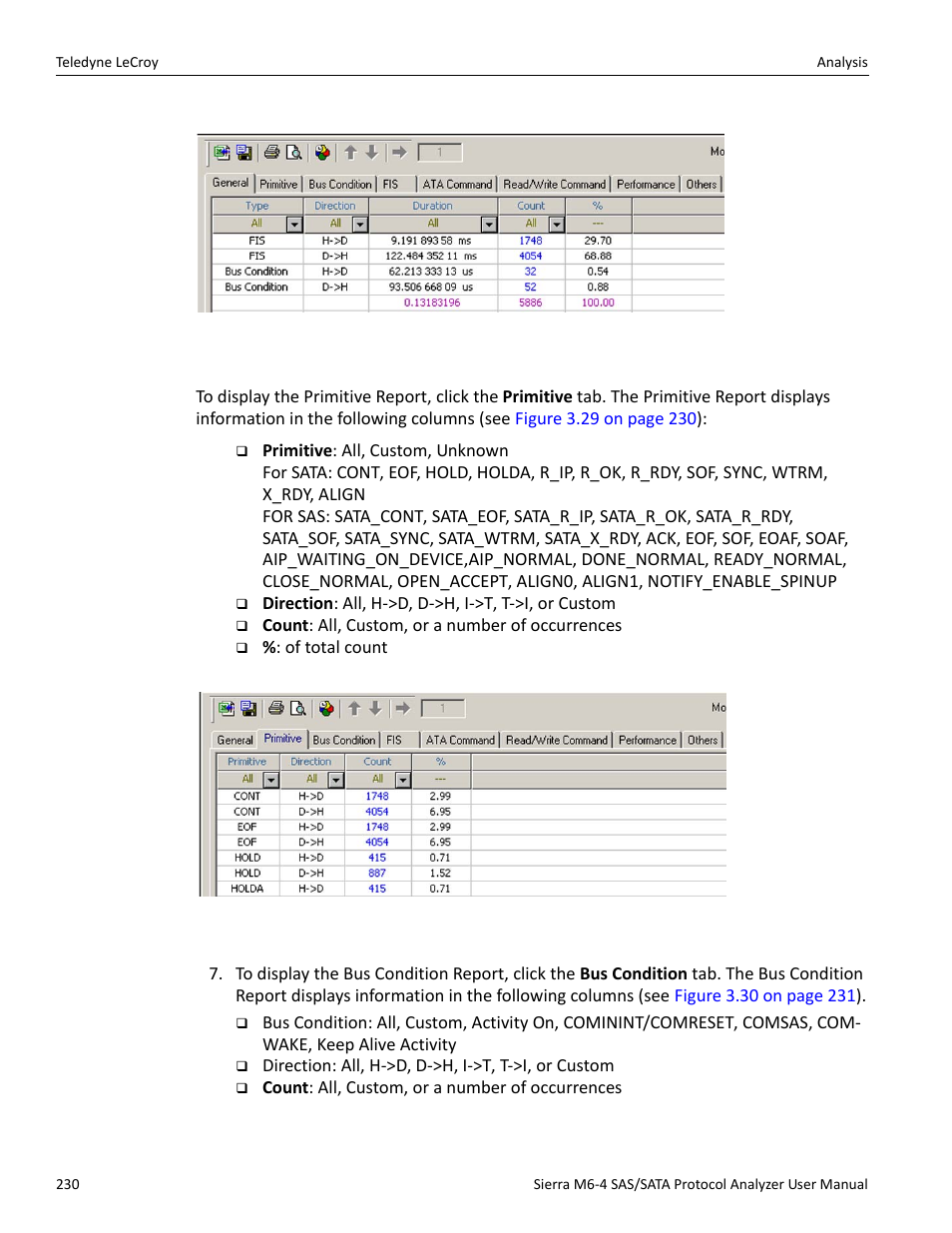 Primitive report, Bus condition report | Teledyne LeCroy Sierra M6-4 SAS_SATA Protocol Analyzer User Manual User Manual | Page 234 / 498