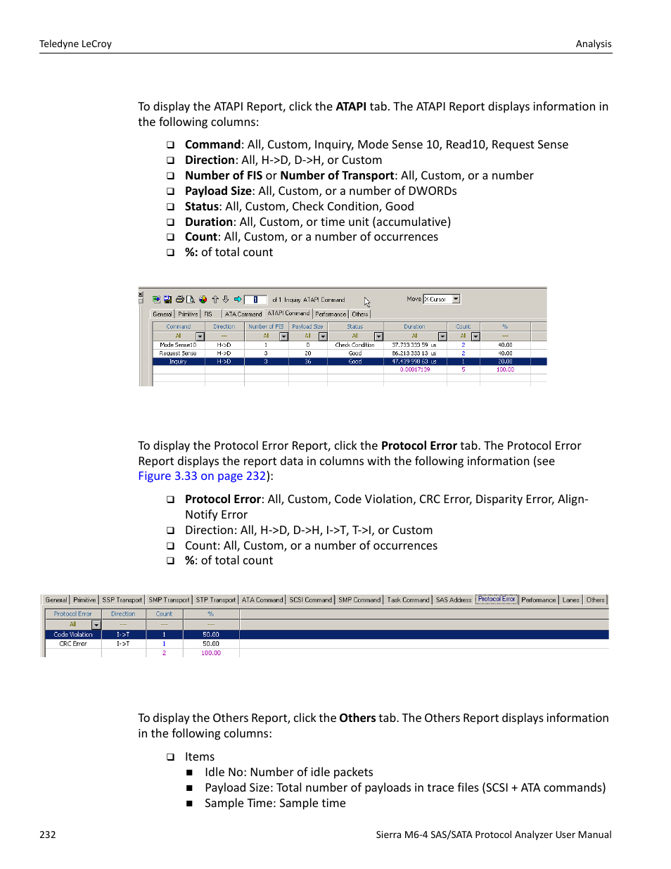 Atapi report, Protocol error report, Others report | Teledyne LeCroy Sierra M6-4 SAS_SATA Protocol Analyzer User Manual User Manual | Page 236 / 498