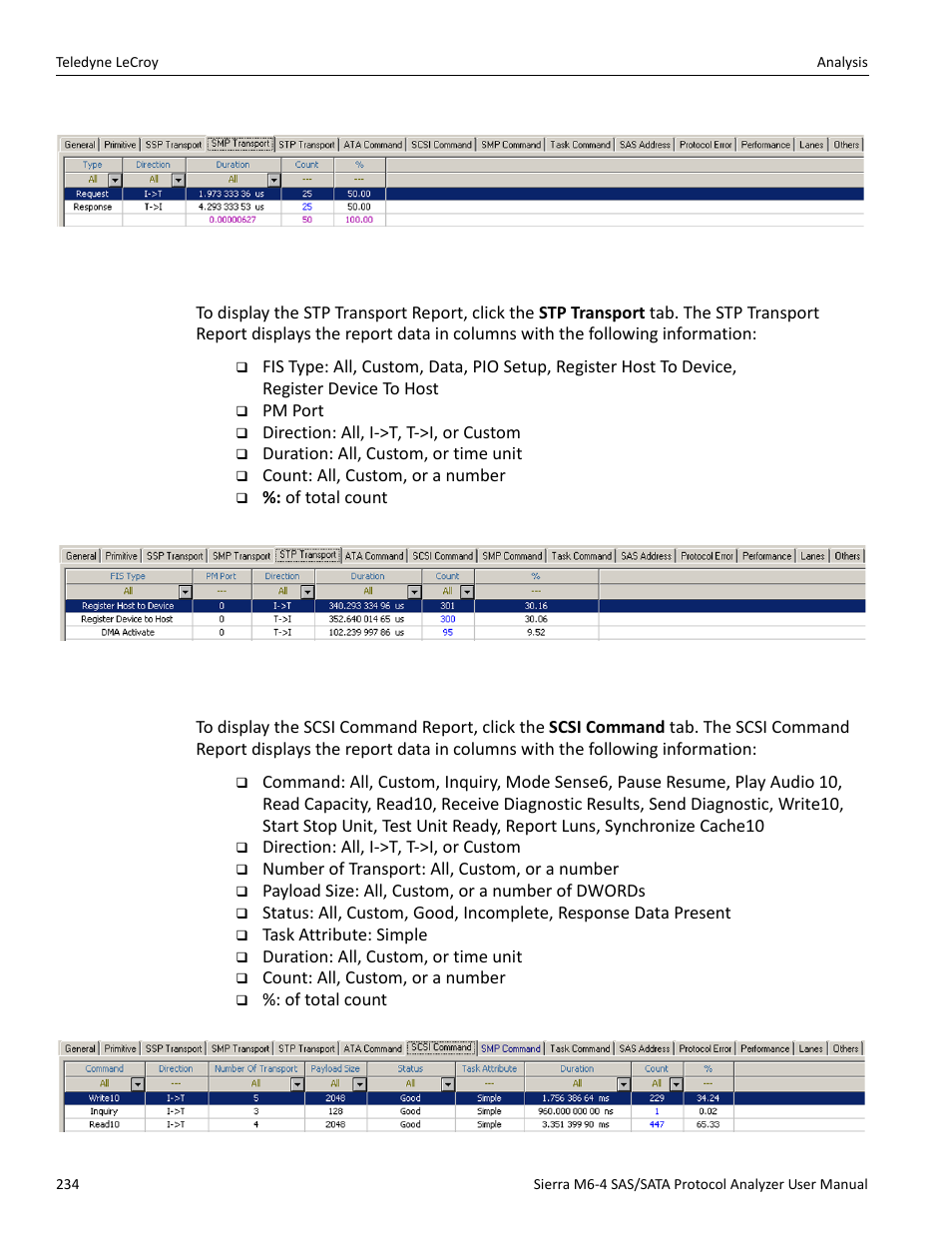 Stp transport report (sas), Scsi command report (sas) | Teledyne LeCroy Sierra M6-4 SAS_SATA Protocol Analyzer User Manual User Manual | Page 238 / 498