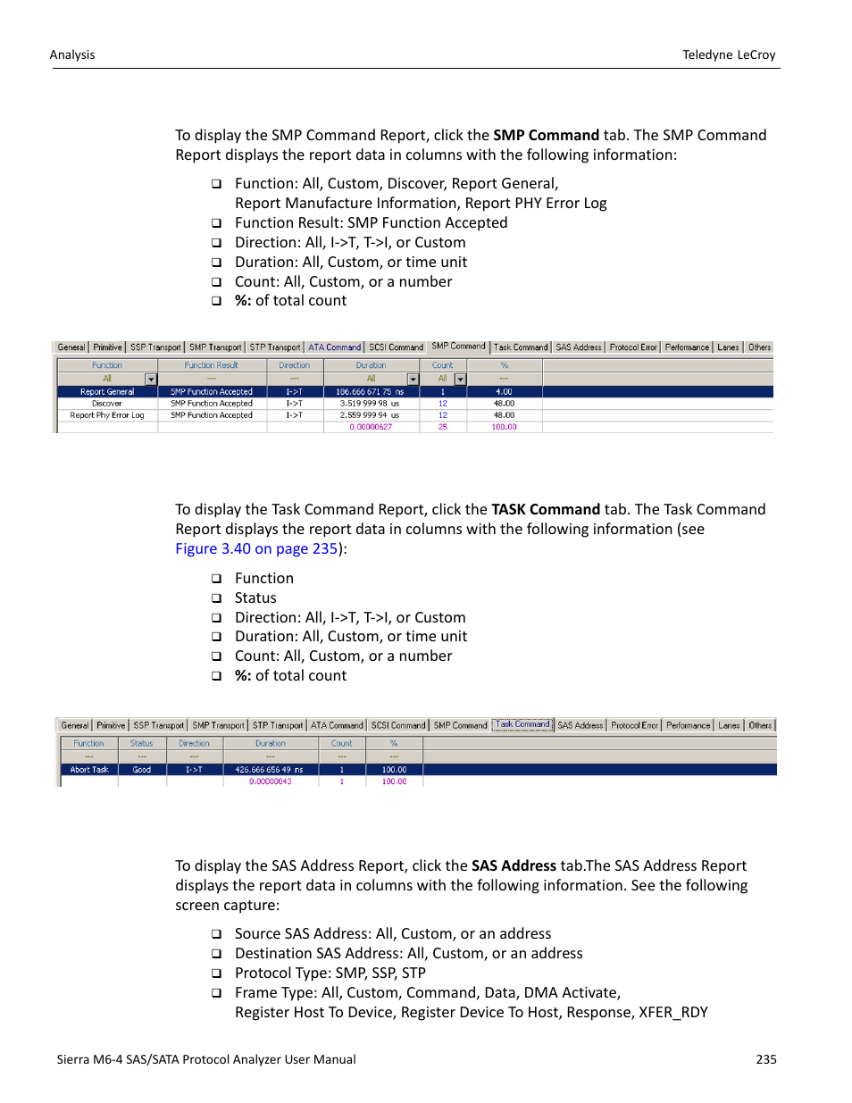 Smp command report (sas), Task command report (sas), Sas address report (sas) | Teledyne LeCroy Sierra M6-4 SAS_SATA Protocol Analyzer User Manual User Manual | Page 239 / 498