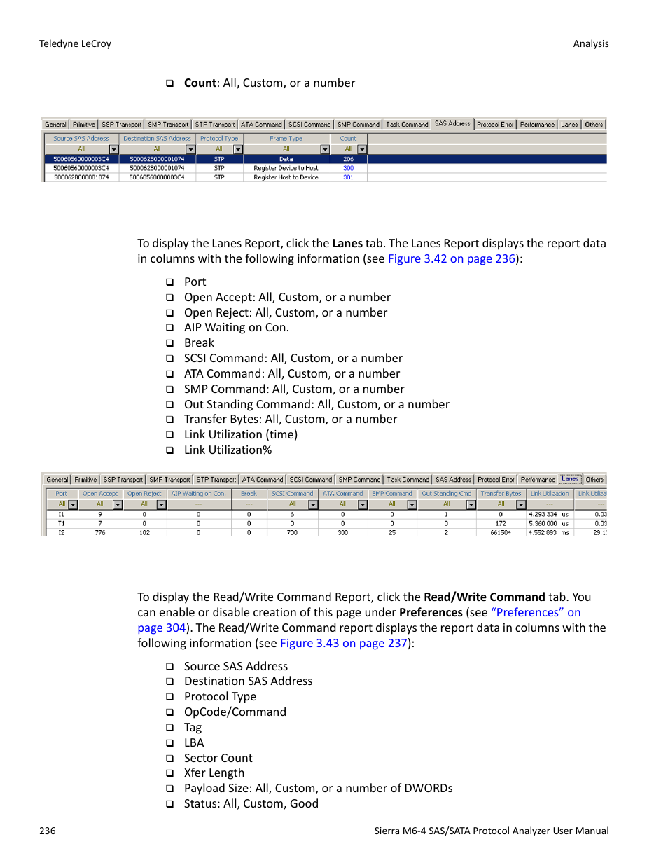 Lanes report (sas), Read/write command report (sas) | Teledyne LeCroy Sierra M6-4 SAS_SATA Protocol Analyzer User Manual User Manual | Page 240 / 498