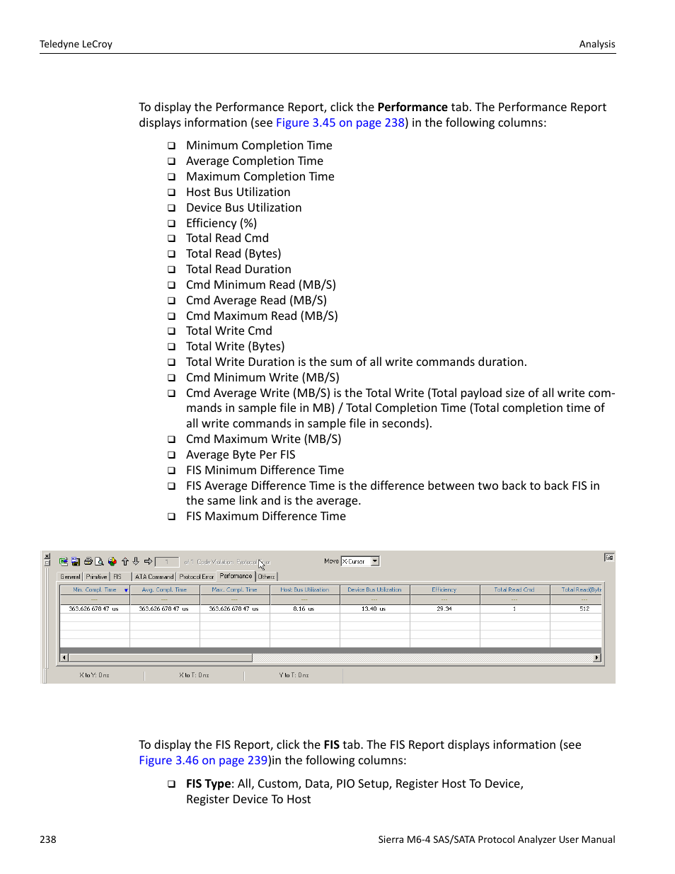 Performance report (sata), Fis report (sata) | Teledyne LeCroy Sierra M6-4 SAS_SATA Protocol Analyzer User Manual User Manual | Page 242 / 498