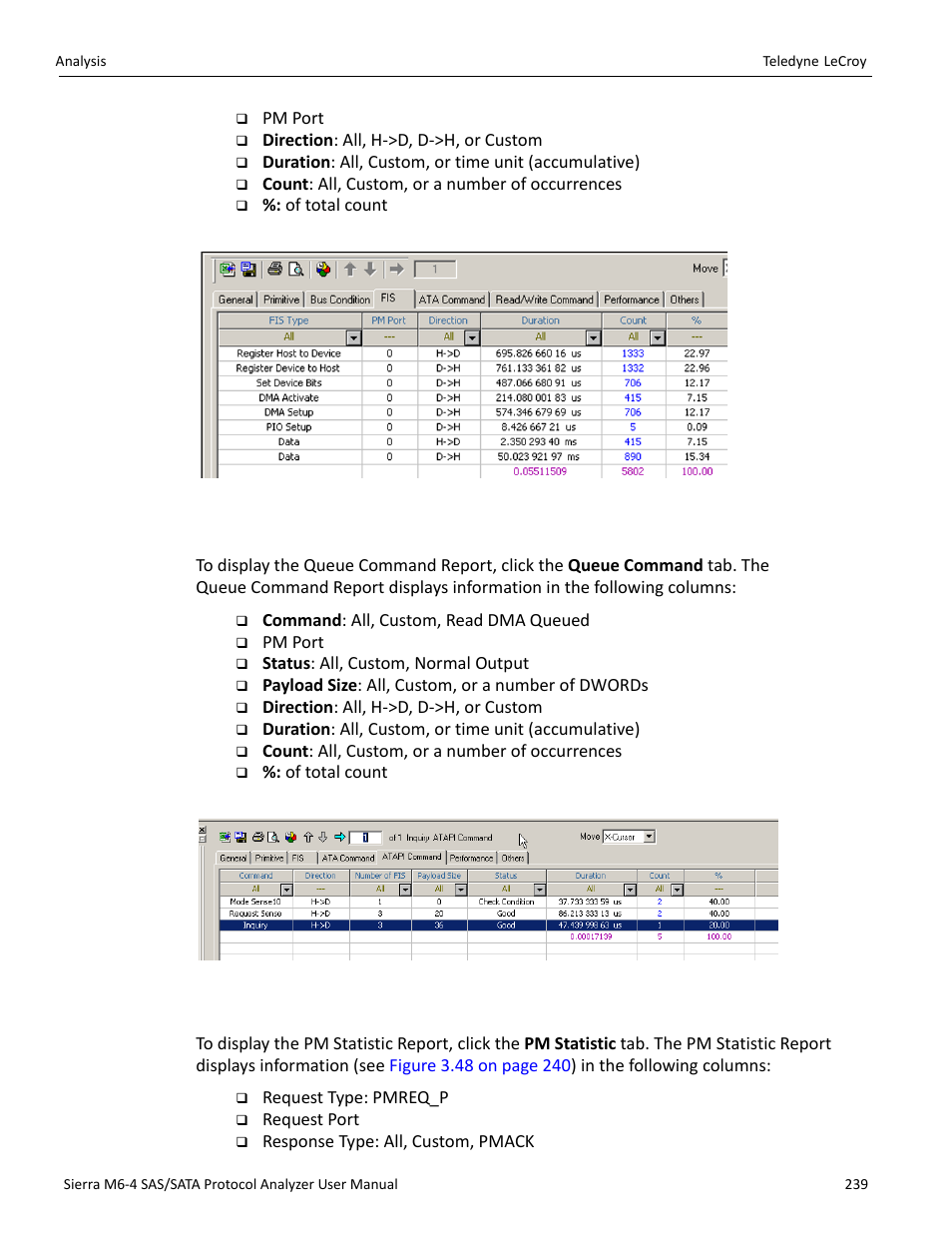 Queue command report (sata), Pm statistic report (sata), In t | Teledyne LeCroy Sierra M6-4 SAS_SATA Protocol Analyzer User Manual User Manual | Page 243 / 498