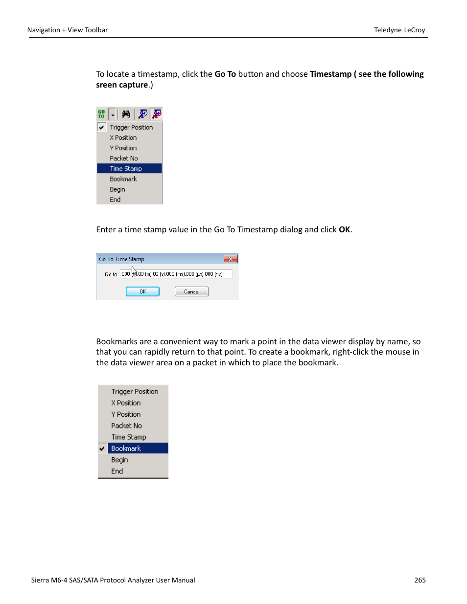 Go to time stamp, Bookmarks | Teledyne LeCroy Sierra M6-4 SAS_SATA Protocol Analyzer User Manual User Manual | Page 269 / 498