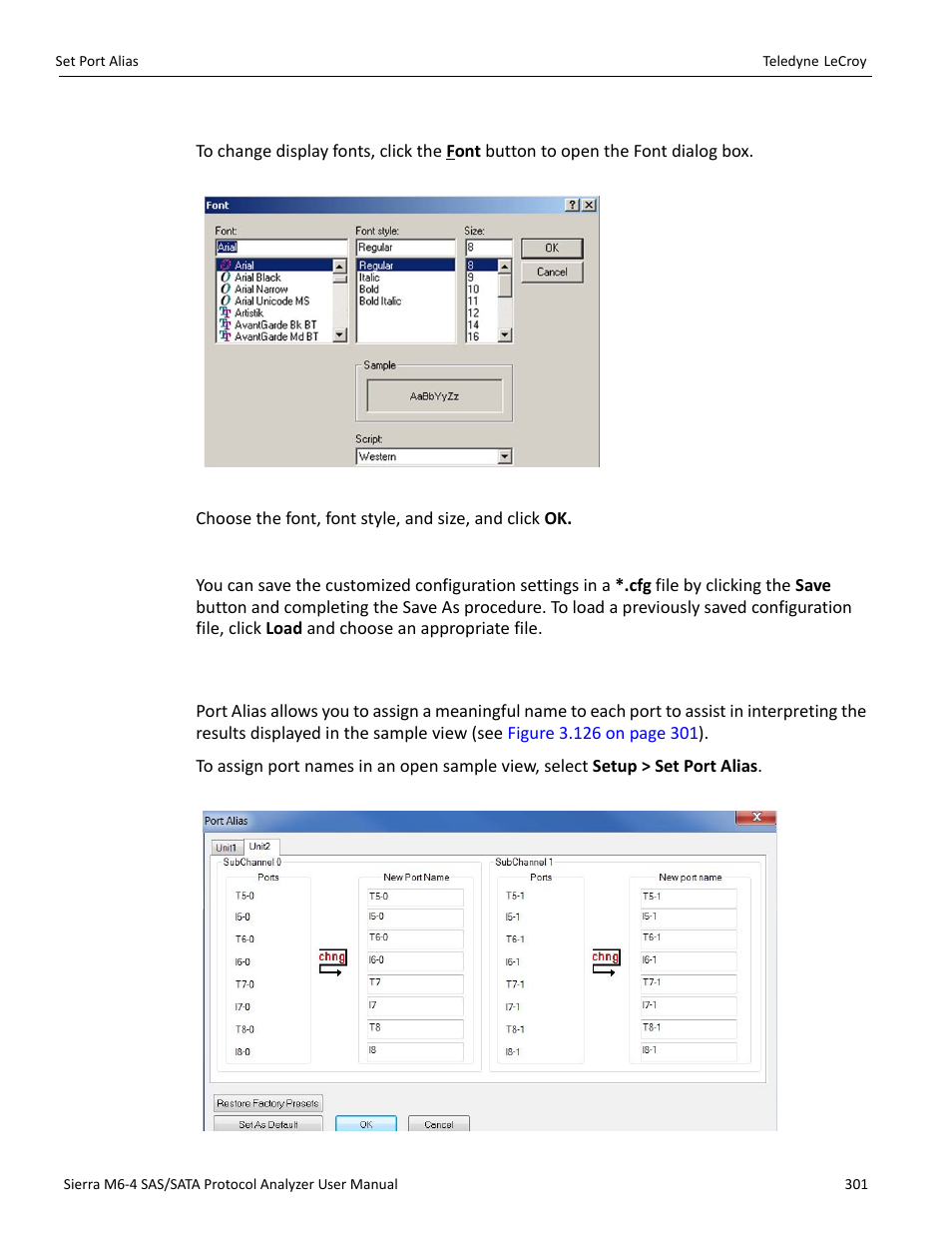 Font, Save/load settings, 15 set port alias | Teledyne LeCroy Sierra M6-4 SAS_SATA Protocol Analyzer User Manual User Manual | Page 305 / 498