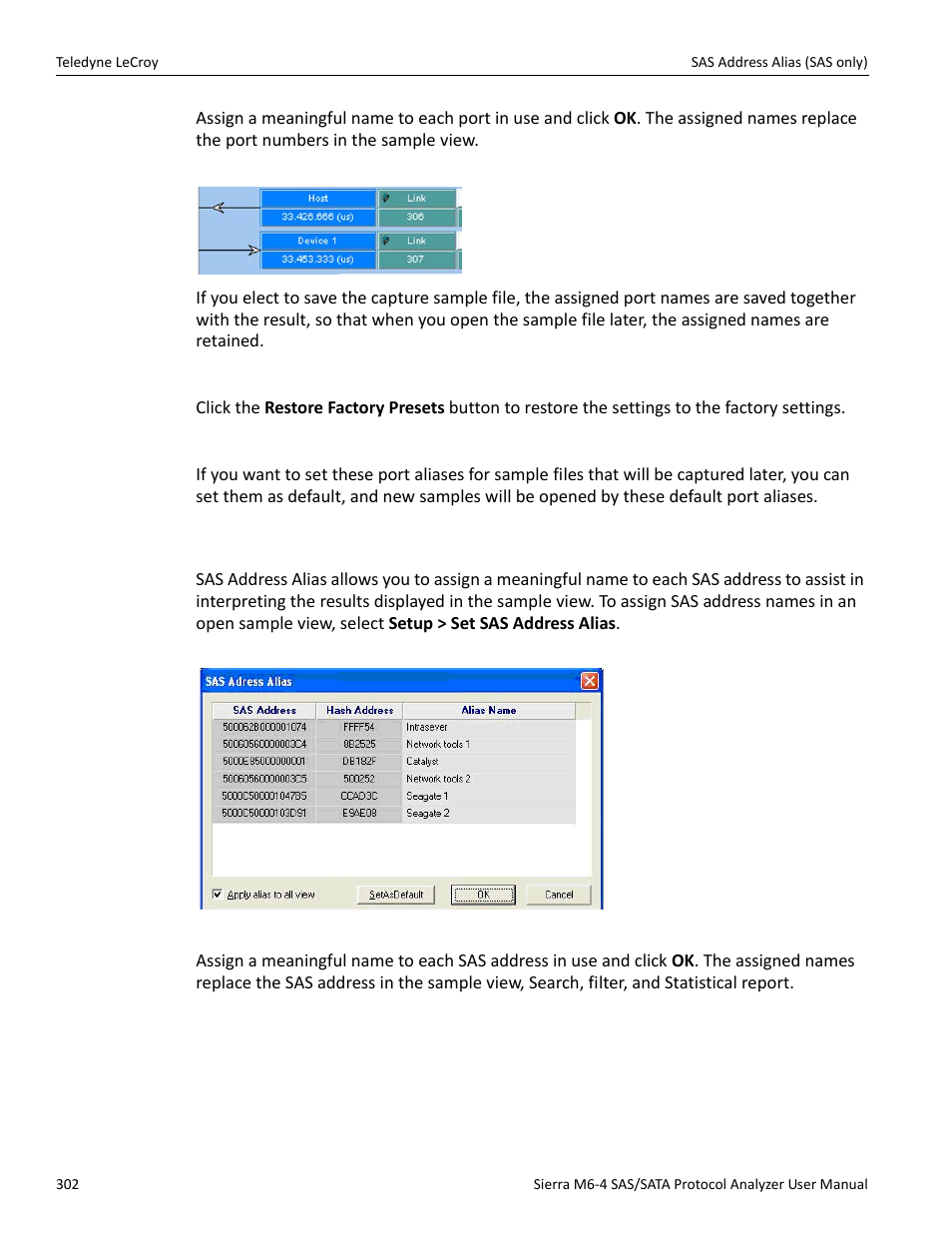 Restore factory presets, Set as default, 16 sas address alias (sas only) | Teledyne LeCroy Sierra M6-4 SAS_SATA Protocol Analyzer User Manual User Manual | Page 306 / 498