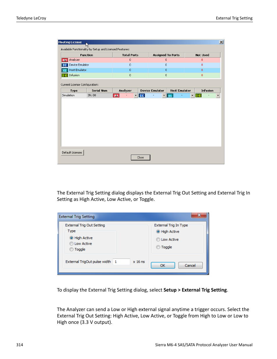 20 external trig setting, External trig out setting, Ing (see | Teledyne LeCroy Sierra M6-4 SAS_SATA Protocol Analyzer User Manual User Manual | Page 318 / 498