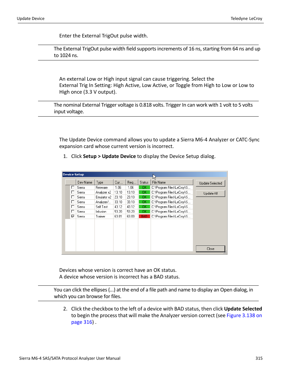 External trig in setting, 21 update device, Vice (see | Teledyne LeCroy Sierra M6-4 SAS_SATA Protocol Analyzer User Manual User Manual | Page 319 / 498