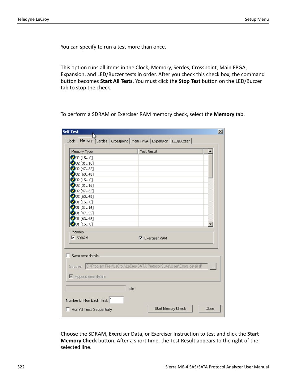 Number of runs each test, Run all tests sequentially, 3 memory check | Teledyne LeCroy Sierra M6-4 SAS_SATA Protocol Analyzer User Manual User Manual | Page 326 / 498