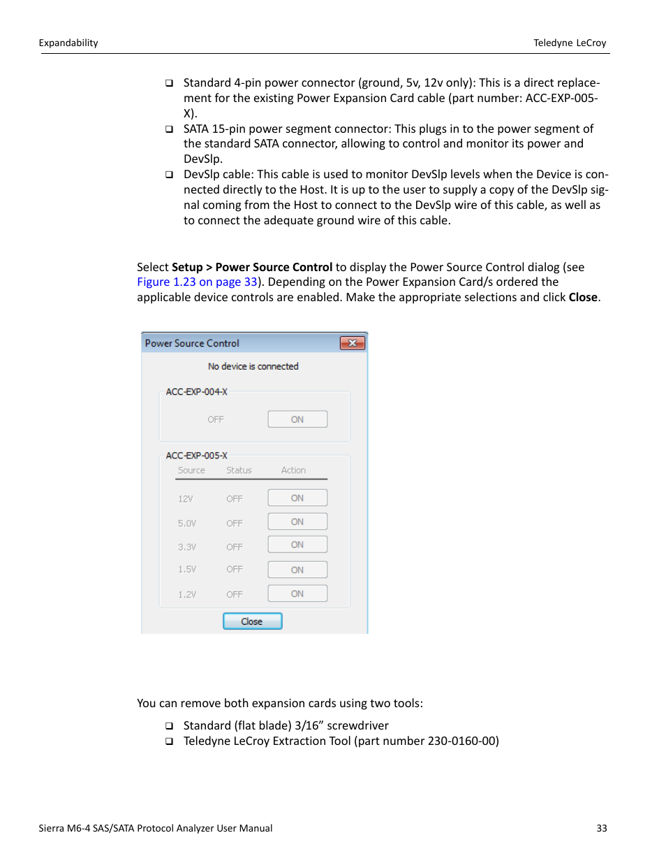 Activating the power expansion cards, 6 removing expansion cards | Teledyne LeCroy Sierra M6-4 SAS_SATA Protocol Analyzer User Manual User Manual | Page 35 / 498