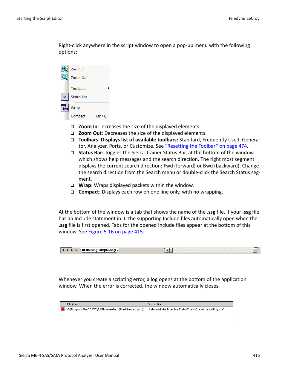 Pop-up menu, File tabs, Error log | Teledyne LeCroy Sierra M6-4 SAS_SATA Protocol Analyzer User Manual User Manual | Page 419 / 498