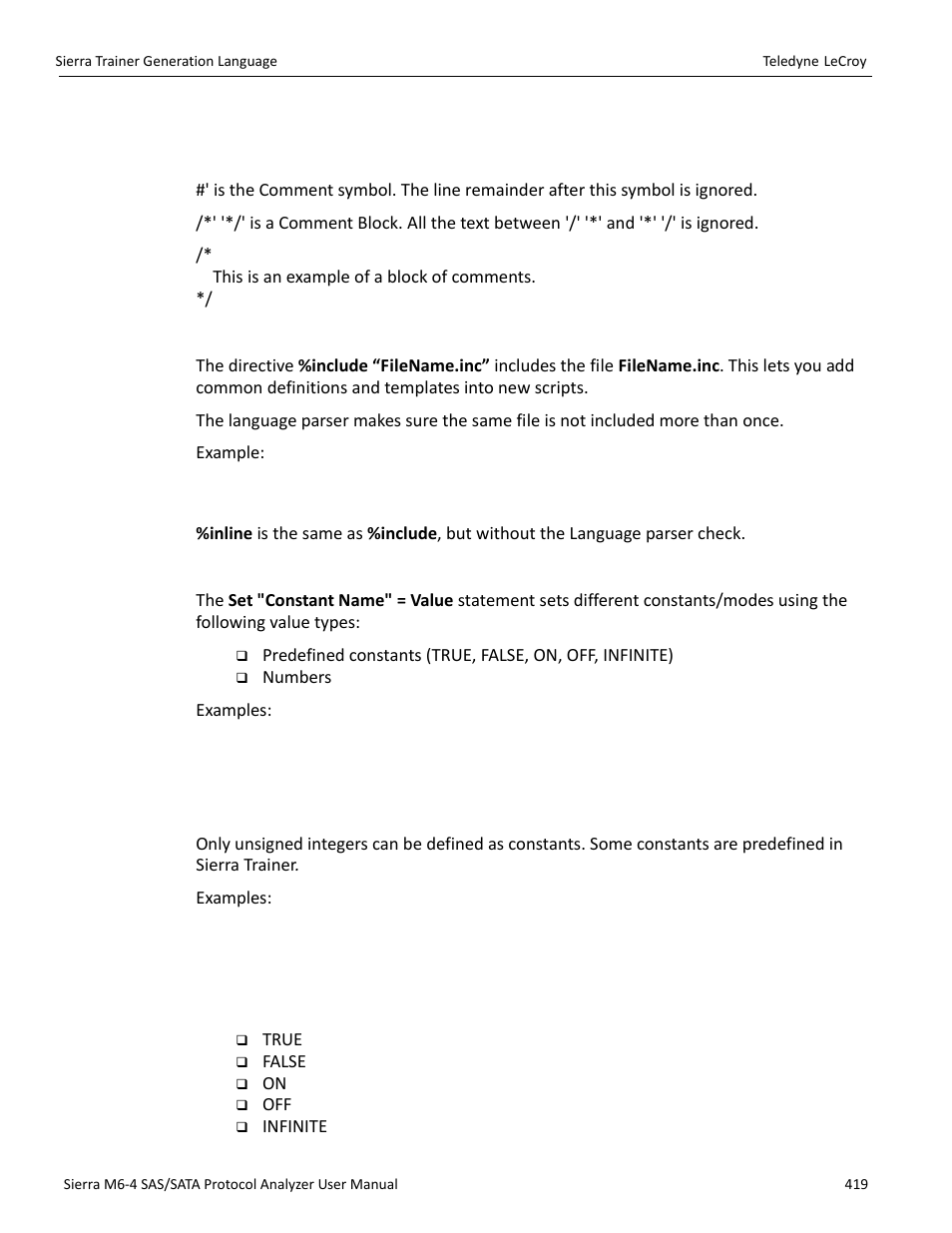 2 language, Comments, Includes | Settings, Constants, Predefined constants | Teledyne LeCroy Sierra M6-4 SAS_SATA Protocol Analyzer User Manual User Manual | Page 423 / 498