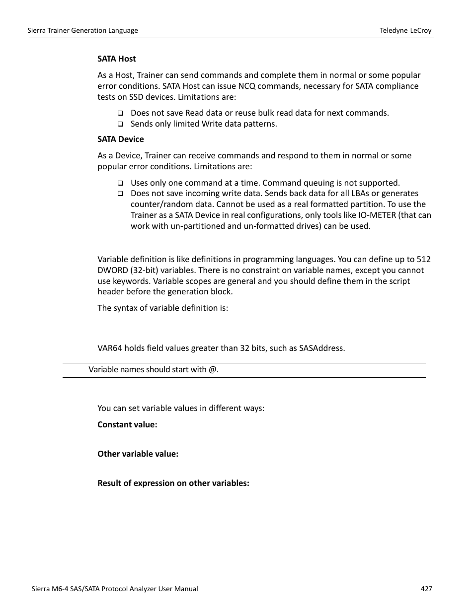 Variable definition, Assigning variable values | Teledyne LeCroy Sierra M6-4 SAS_SATA Protocol Analyzer User Manual User Manual | Page 431 / 498