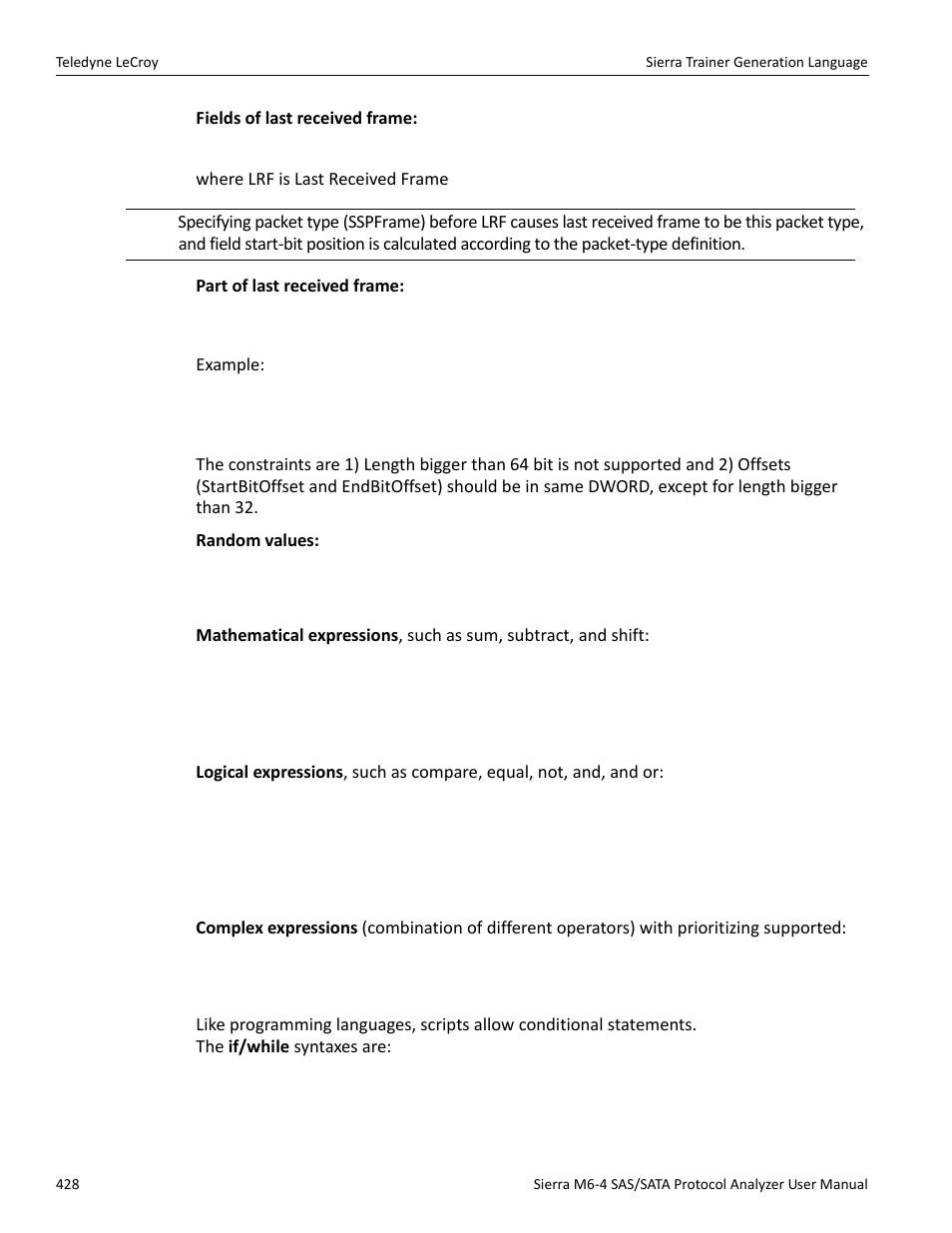 Expression on variables, If/while in logical expressions | Teledyne LeCroy Sierra M6-4 SAS_SATA Protocol Analyzer User Manual User Manual | Page 432 / 498