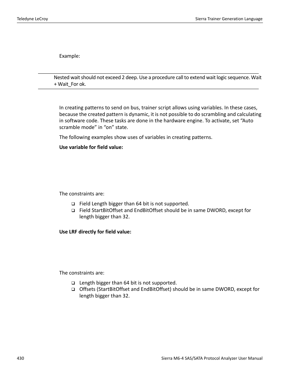 Using variable values in creating patterns on bus | Teledyne LeCroy Sierra M6-4 SAS_SATA Protocol Analyzer User Manual User Manual | Page 434 / 498