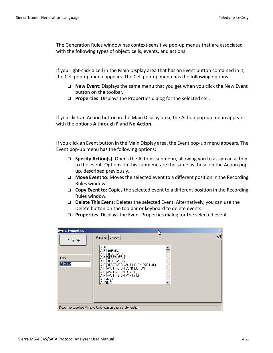 13 generation rules pop-up menus, Cell pop-up menu, Action pop-up menu | Event pop-up menu | Teledyne LeCroy Sierra M6-4 SAS_SATA Protocol Analyzer User Manual User Manual | Page 465 / 498